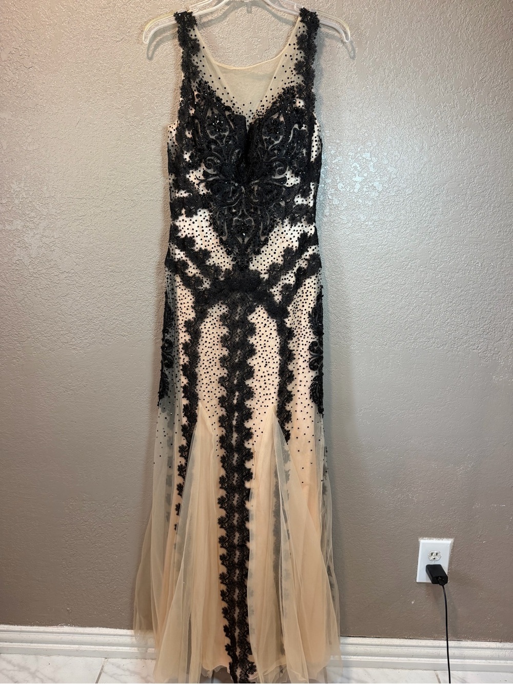 Elegant Black Embroidered Illusion Gown - Nude/Black